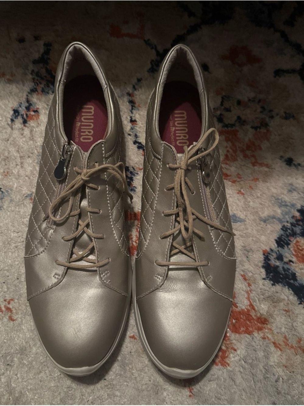 Munro Quilted Lace-Up Sneakers in Metallic Taupe with Maroon Insole Womens 10.5